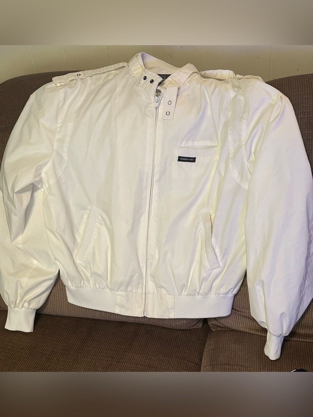 Members Only White Bomber Jacket with Snap-Tab Collar, XL